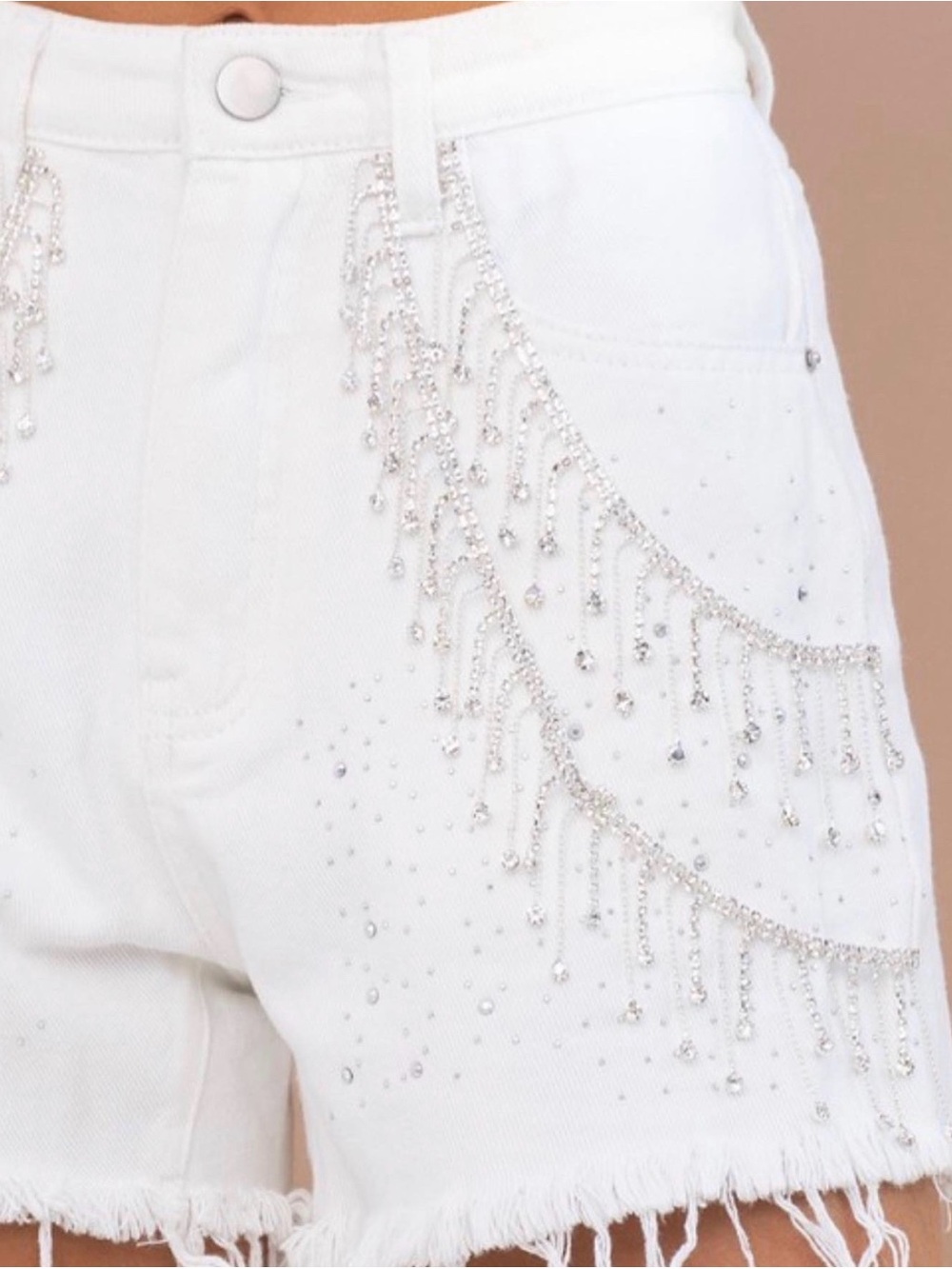 White Embellished Denim Jean Shorts with Fringe Chains
